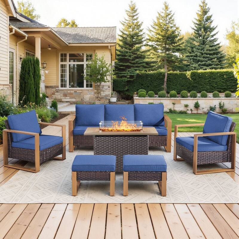 Meyreso Wicker Patio Conversation Set with Fire Pit Table & Olefin Cushions