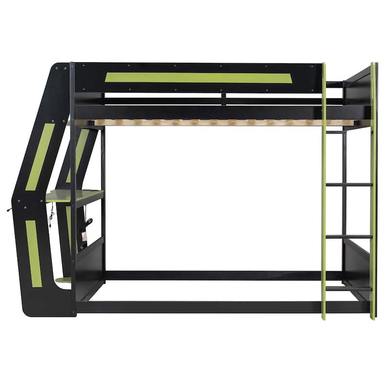 Esports Loft Bed Full Over Full Bunk Bed Frame with Side Mounted Desk, Light Strip, Charging Station and Cable Grommet