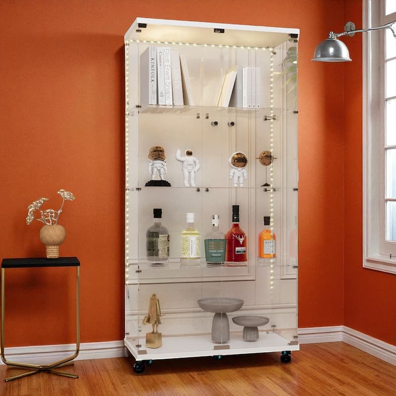 Tempered Glass Display Cabinet with Bluetooth LED Lights, Lockable Doors and Casters, Wine & Storage Cabinet for Home Office