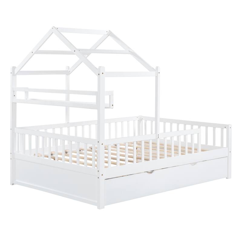 Full Size Wooden Kids House Bed Frames with Trundle and Shelf Bed Bath & Beyond 39310046