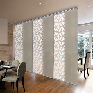 InStyleDesign 6-Panel Single Rail Panel Track Extendable 98"-130"W x 94"H, Panel width 23.5", Geometric White, Champagne
