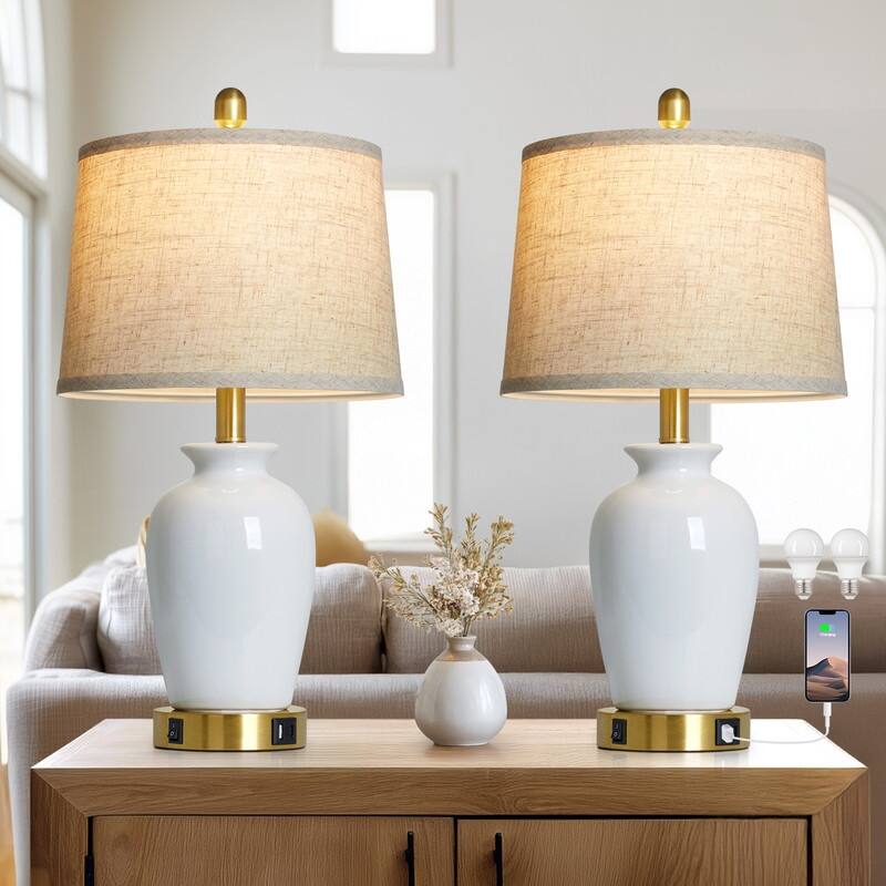 Elegant Ceramic Table Lamp with USB & USB-C Charging and Gold Accents, 23.5" (Set of 2) - White - 12.5'' x 12.5'' x 23''