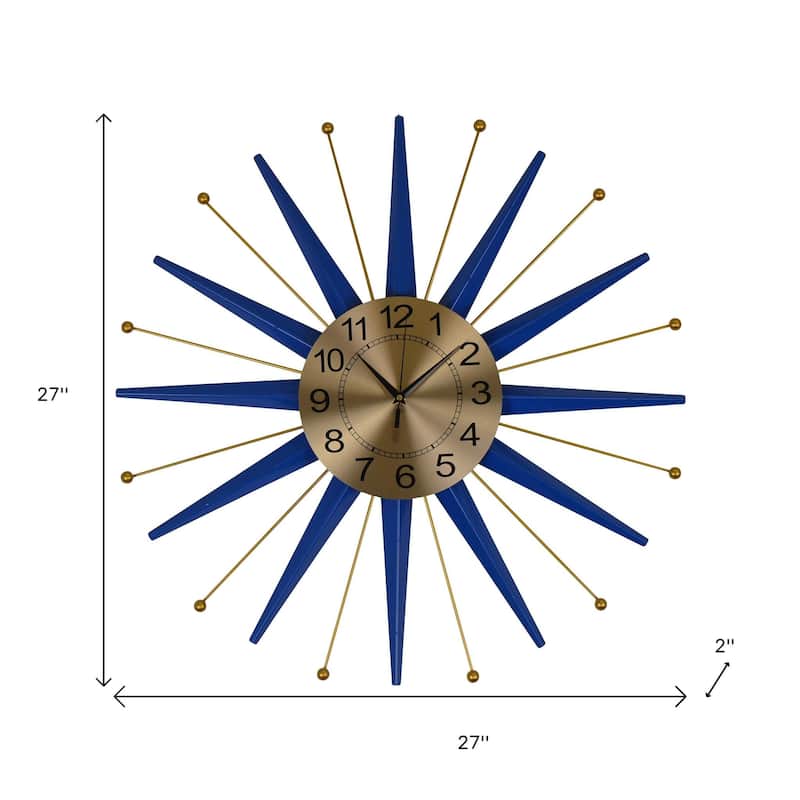 HomeRoots 27" Blue And Gold Metal Silent Analog Starburst Wall Clock - 27.00 in. x 27.00 in. x 2.00 in.