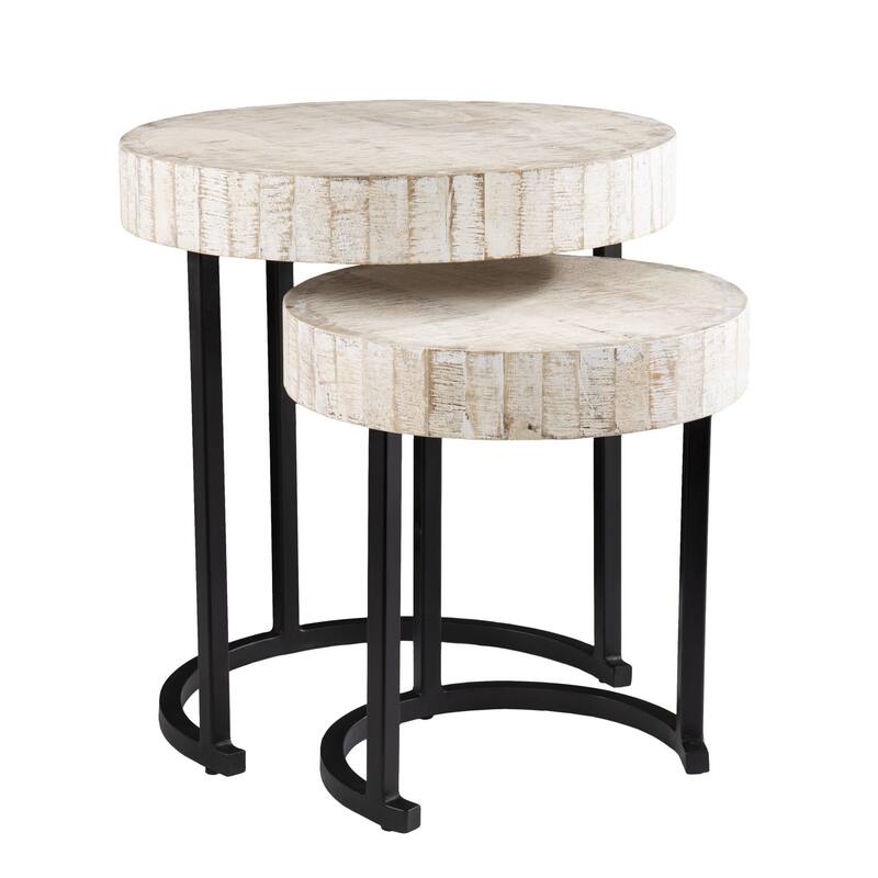 Set Of Two 21" White Solid Wood And Iron Round Nested Tables - 18.5x18.5x20.75