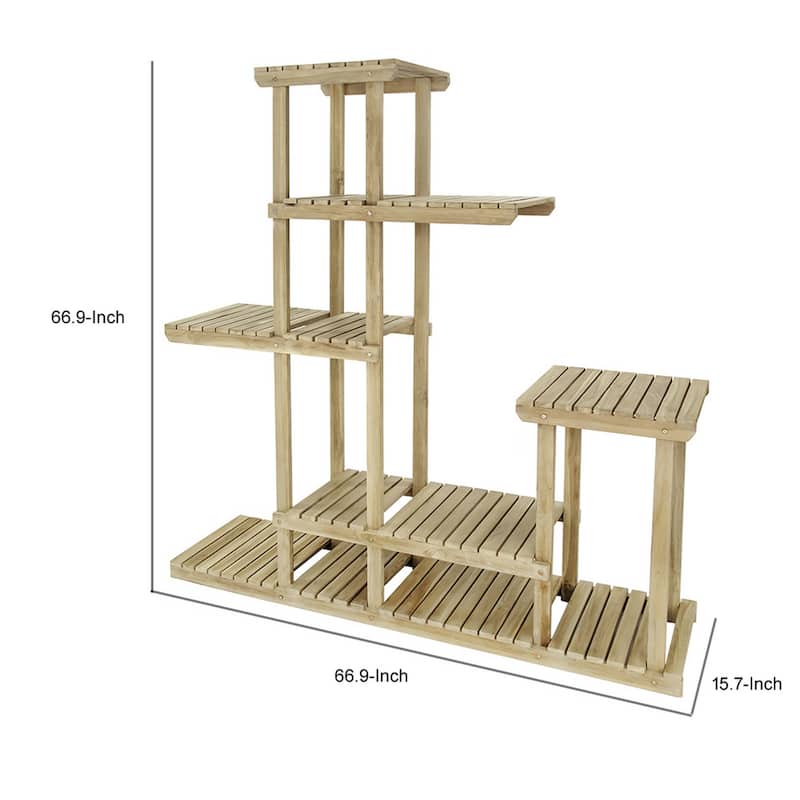 67 Inch Flower, Plant Stand, Multi Tier Shelf Design, Natural Teak Wood