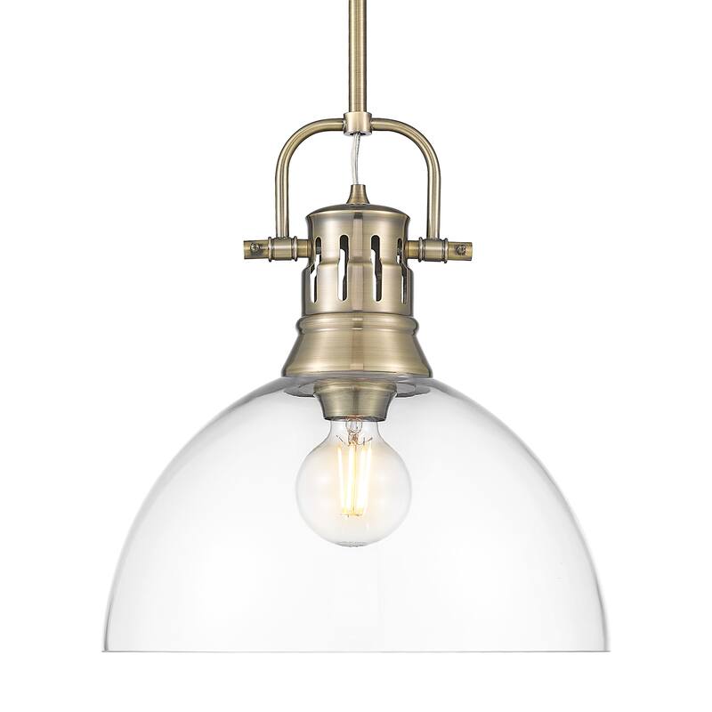 Yep by Golden Lighting Duncan 1-light 14in rod hung Pendant in Aged Brass and Clear Glass