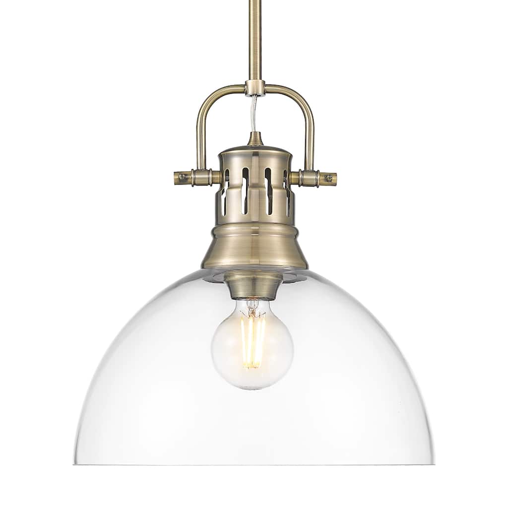 Yep by Golden Lighting Duncan 1-light 14in rod hung Pendant in Aged Brass and Clear Glass