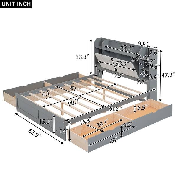 dimension image slide 1 of 2, Queen Size Platform Bed with Shelves and 4 Drawers, Adjustable Upholstered Headboard, Solid Wood Storage Platform Bedframe