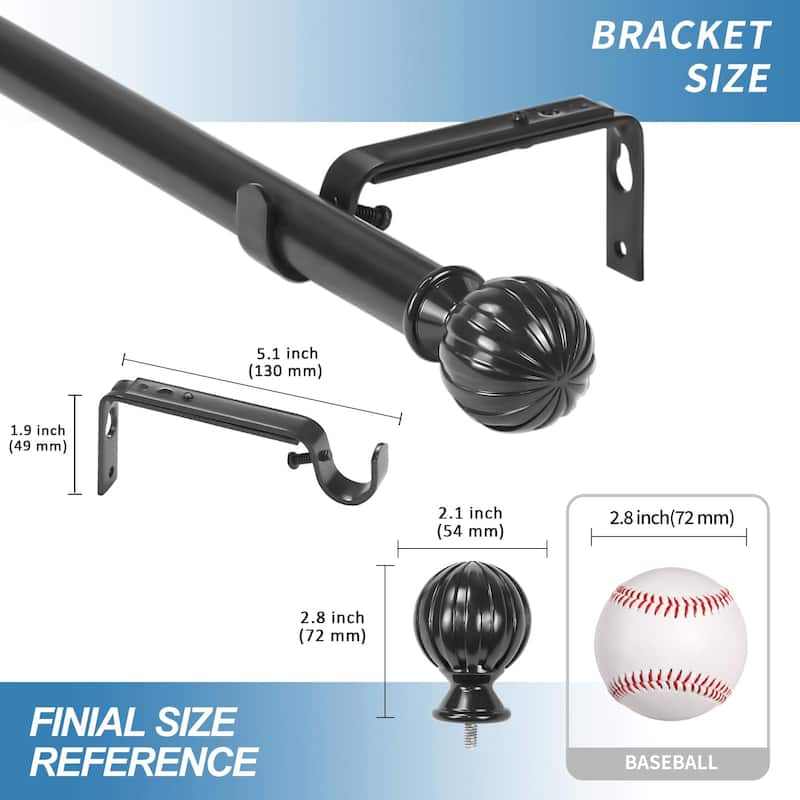 1-inch Diameter Fluted Ball Adjustable Single Drapery Curtain Rod