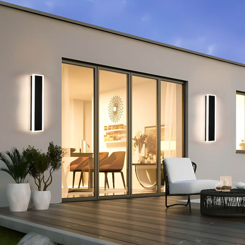 24" Modern Outdoor Wall Light, 2-Pack Dimmable Exterior Linear Sconce - Black