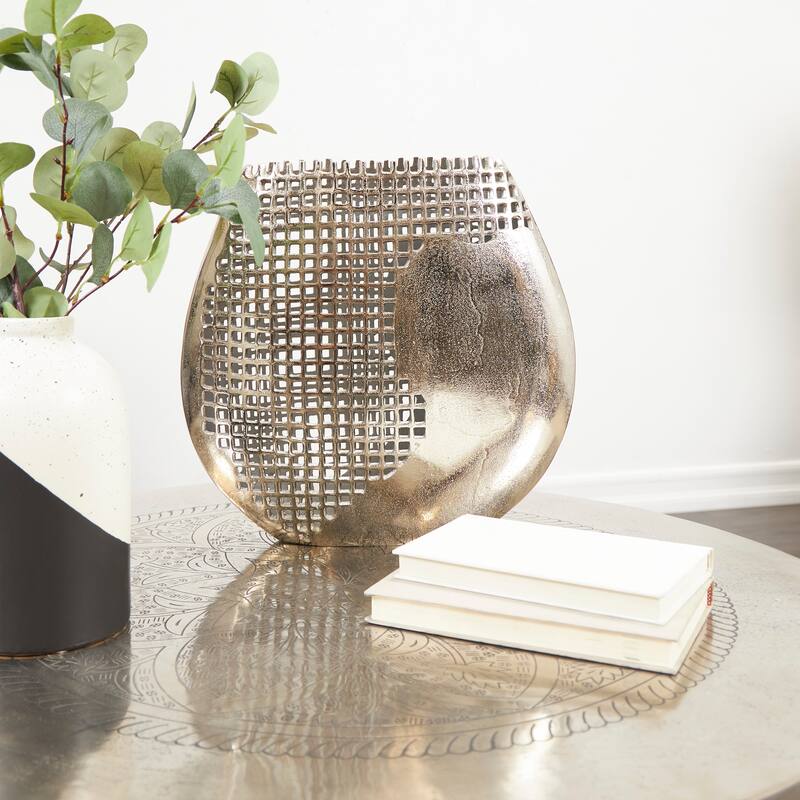Dark Gray Aluminum Metal Grid Inspired Abstract Vase with Open Frame Design - Dark Gray - 15"W, 15"H