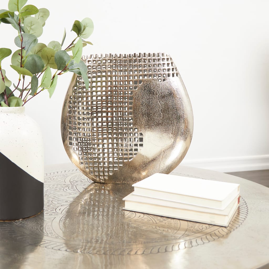 Dark Gray Aluminum Metal Grid Inspired Abstract Vase with Open Frame Design