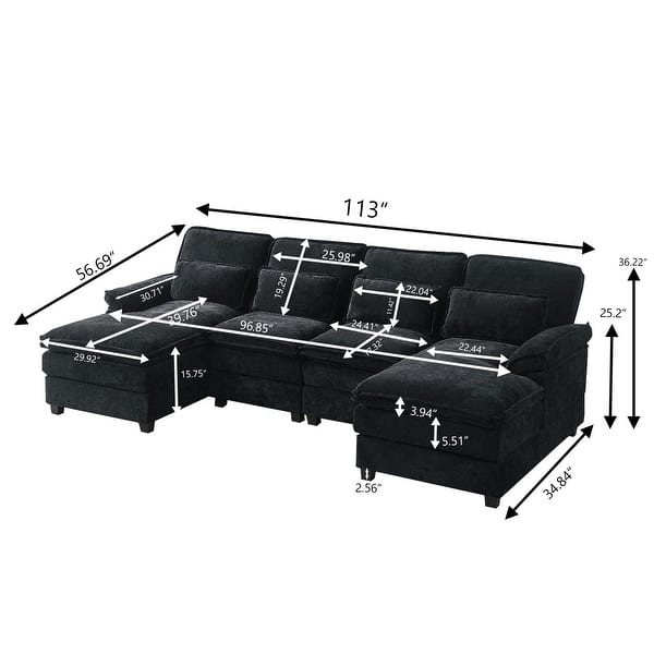 dimension image slide 1 of 5, 113" Chenillle U Shaped Sectional Sofa with Toss Pillows