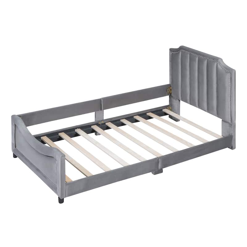 Stripe Shaped Headboard Bed Frame Wood Daybed, Velvet Upholstered Platform Bed with Side Guardrail, Bedroom Furniture Panel Bed