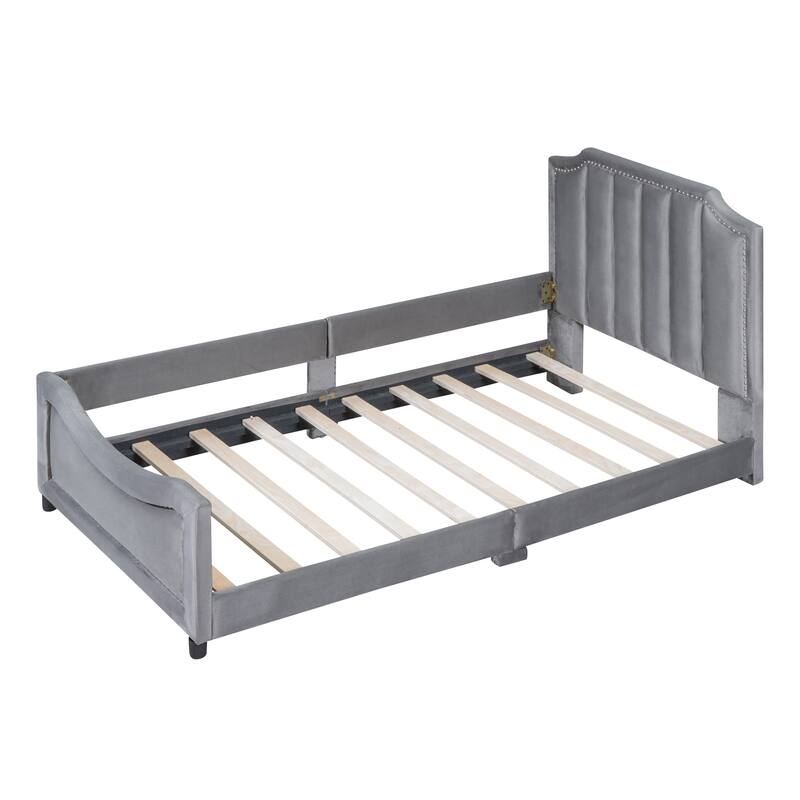 Twin Upholstered Daybed Velvet Platform Bed w/ Nailhead Trim