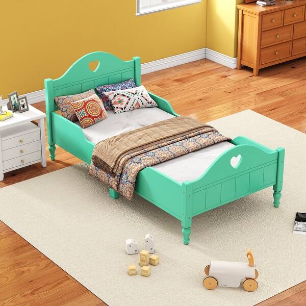 slide 2 of 28, Solid Wood Macaron Twin Size Toddler Platform Bed with Safety Rails Green