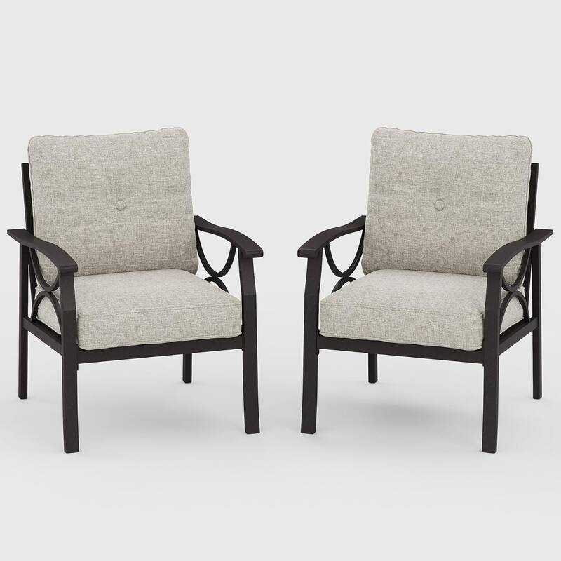 Set of 2 Metal Armchairs, Khaki Frame with Beige Cushions