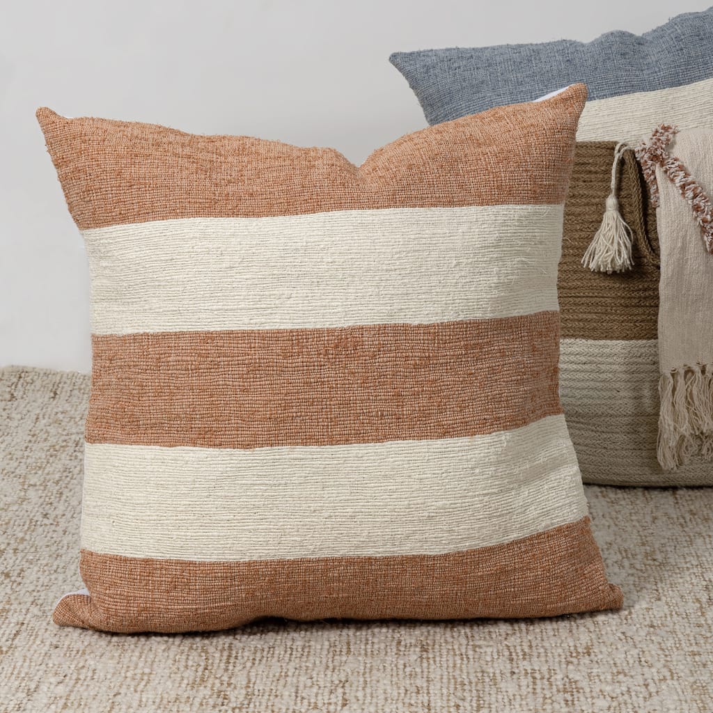 Handwoven Color-Block Striped Square Throw Pillow - 22" - Rust Brown and Cream