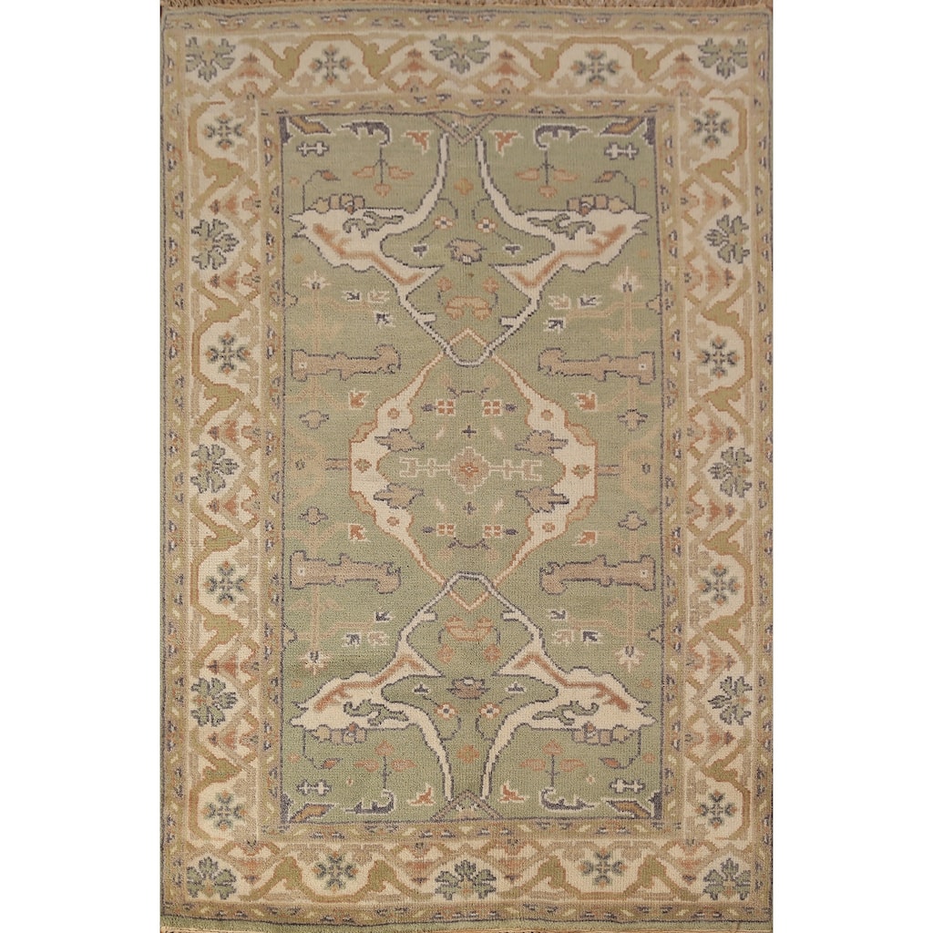 Light Green Oushak Oriental Rug Hand-Knotted Wool Carpet - 4'2"x 5'11"
