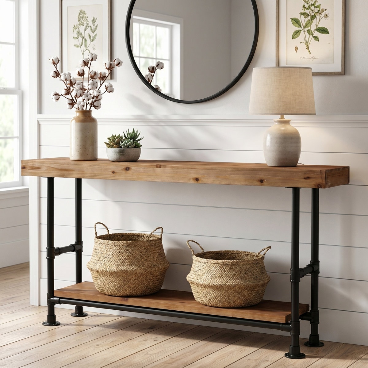 63" Solid Wood Console Table with Black Metal Frame, Industrial 2 Tier Storage Shelf Entryway Sofa Table