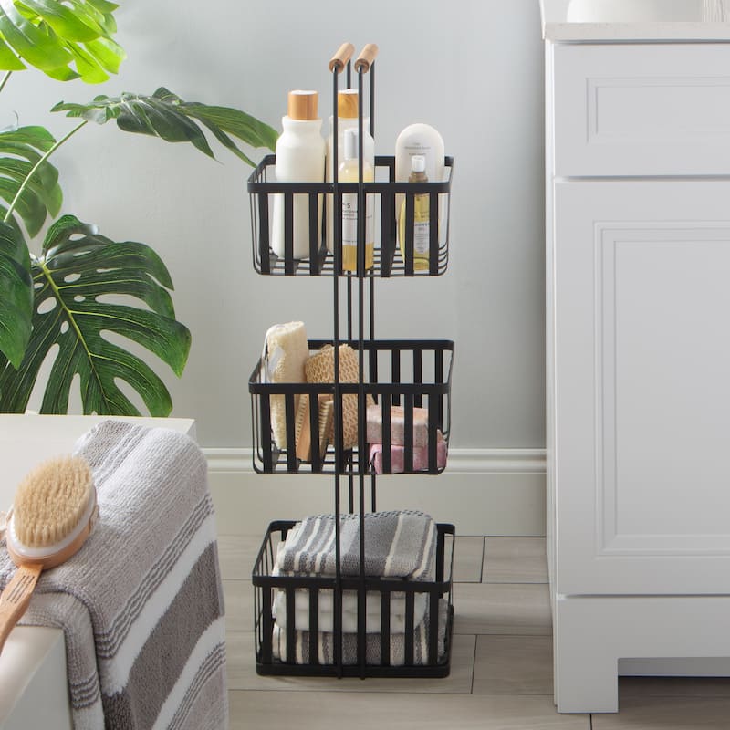 Simplify 3 Tier Metal Spa Tower with Bamboo Handles in Black - 10.43 x 7.09 x 31.69