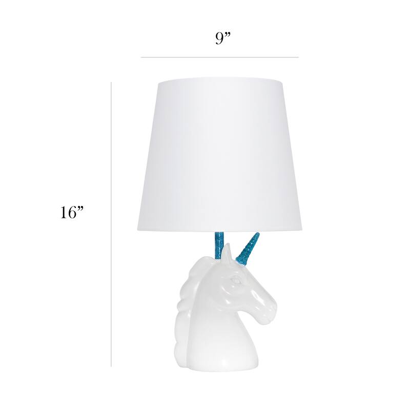 Simple Designs 15.5" Sparkling Glitter Unicorn Table Lamp, White with Blue Glitter, With LED Bulb
