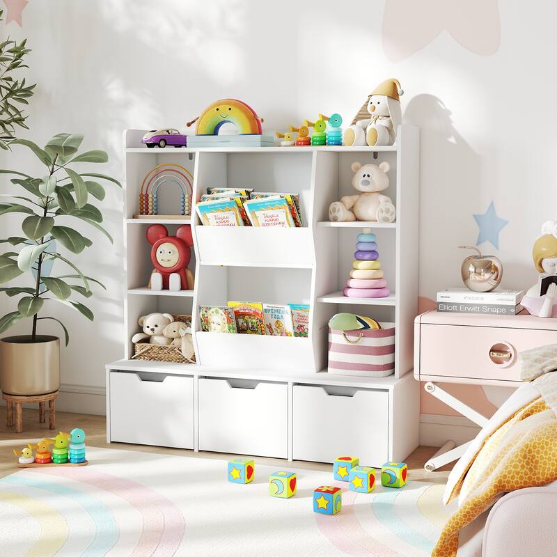 White Kids Storage Cabinet with Drawers and Cubbies Wooden Toy Organizer and Bookshelf for Playroom or Bedroom - 44" x 16" x 47"