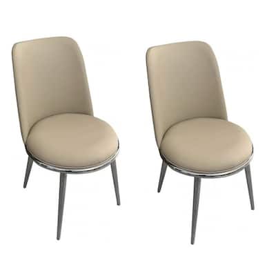 Relli Side Dining Chair Set of 2, Silver Metal, Taupe Faux Leather Round Seats