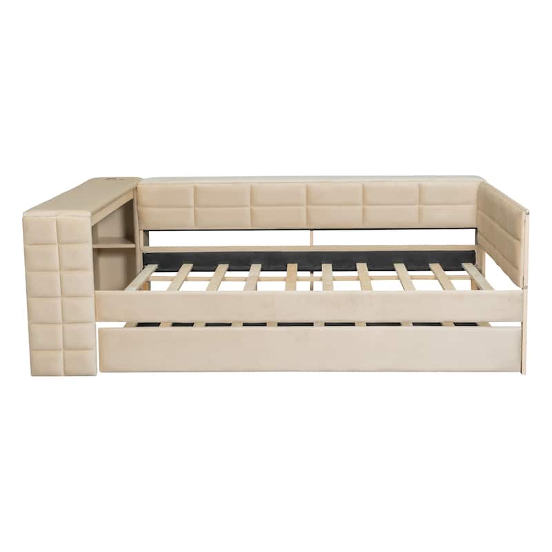 L-shaped Bed Frame with Desk,Shelves,Charging Station,and Optional Upholstered Sofa Bed with Trundle or Wood Daybed with Drawers
