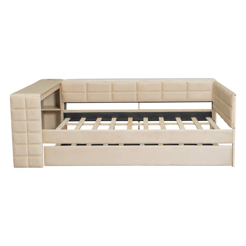Roomfitters Full Size Upholstered Platform Bed with Built-in Desk, Storage Shelves, Charging Station and Pull-Out Trundle