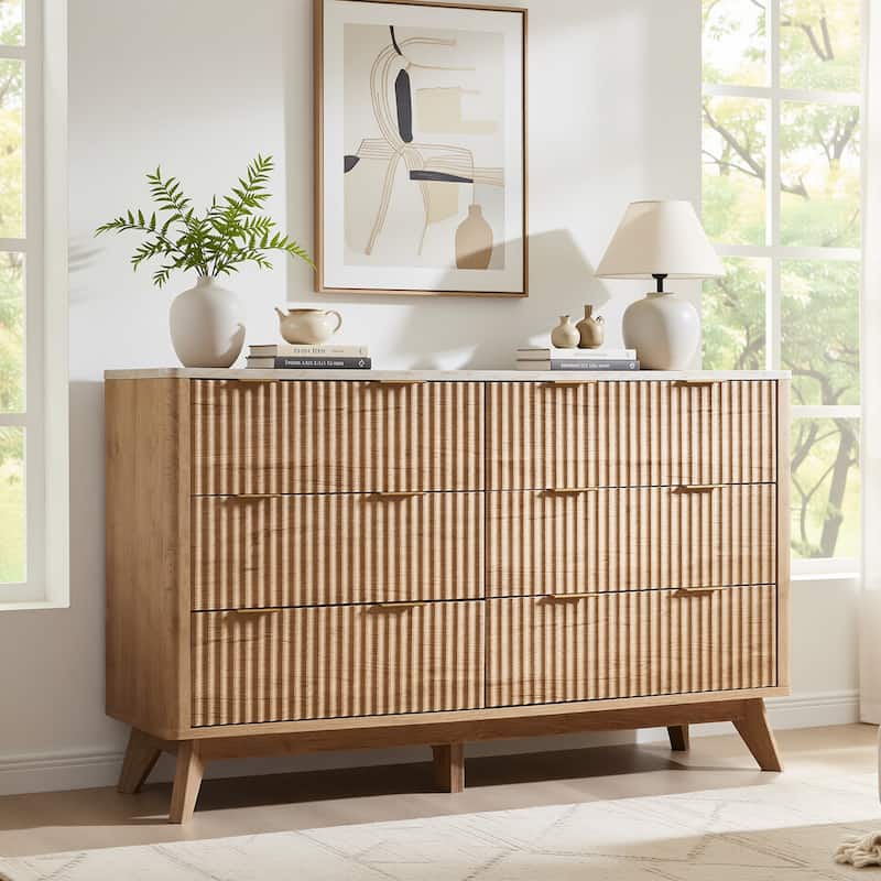 Modern Fluted 6 Drawers Dresser, Chest of Drawers, Dresser TV Stand - Natural Oak