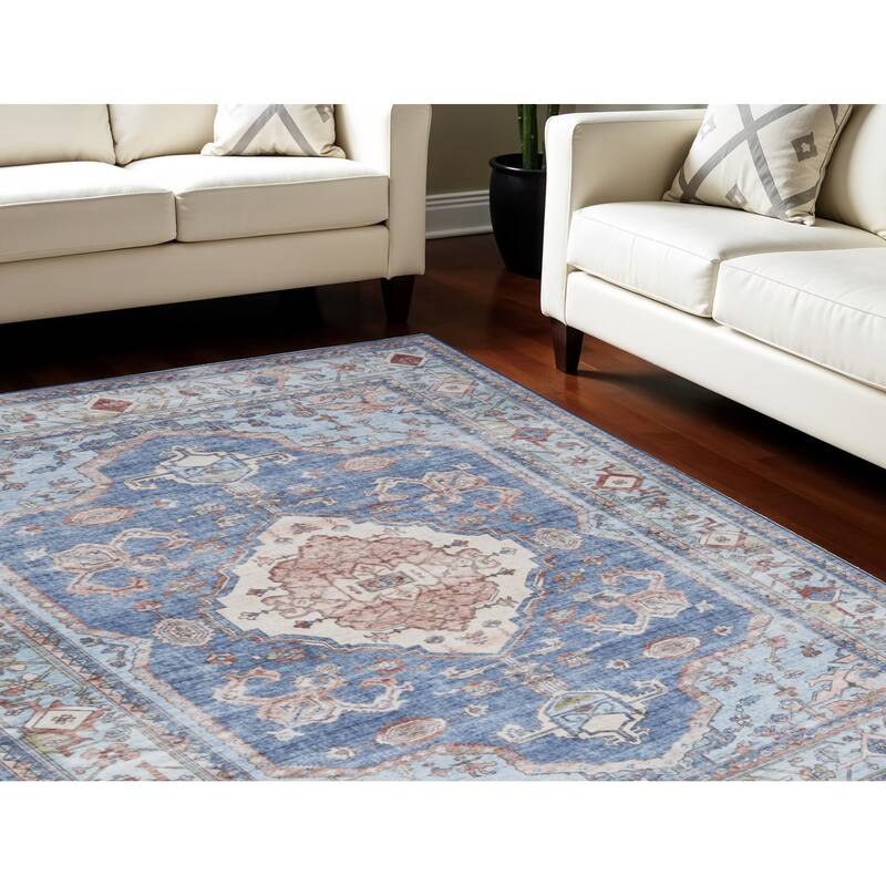 Fice Power Loomed Distressed Non Skid Stain Resistant Low Pile Area Rug By HomeRoots - 84' X '60' X '0.25 - 84' X '60' X '0.25 - Oxford Blue - Rectangle
