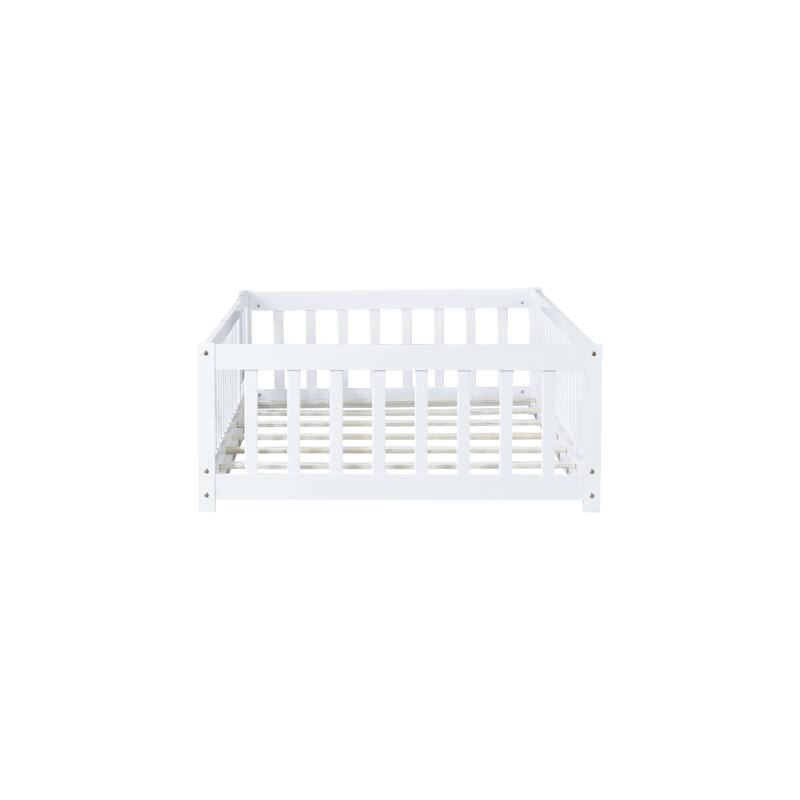 Twin Size Floor Bed with Fence and Door,Rubber Wood Floor Bed with Safety Guardrails,White