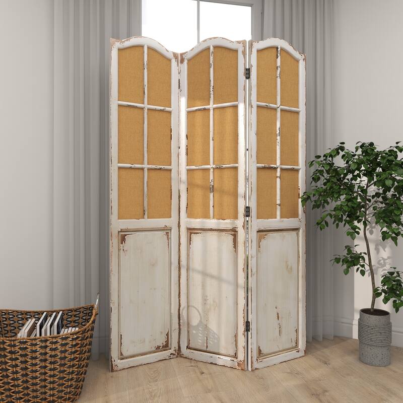 Beige Wood Hinged Foldable Partition 3 Panel Partition Room Divider Screen with Burlap Window Pane Design