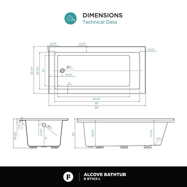 dimension image slide 0 of 6, Fine Fixtures Tile-In White Fiberglass/Acrylic Soaking Bathtub with Built-in Tile Flange