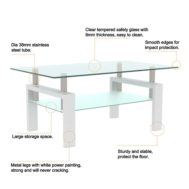 Rectangle Glass Coffee Table, Clear Coffee Table, Modern Side Center Tables for Living Room, Living Room Furniture