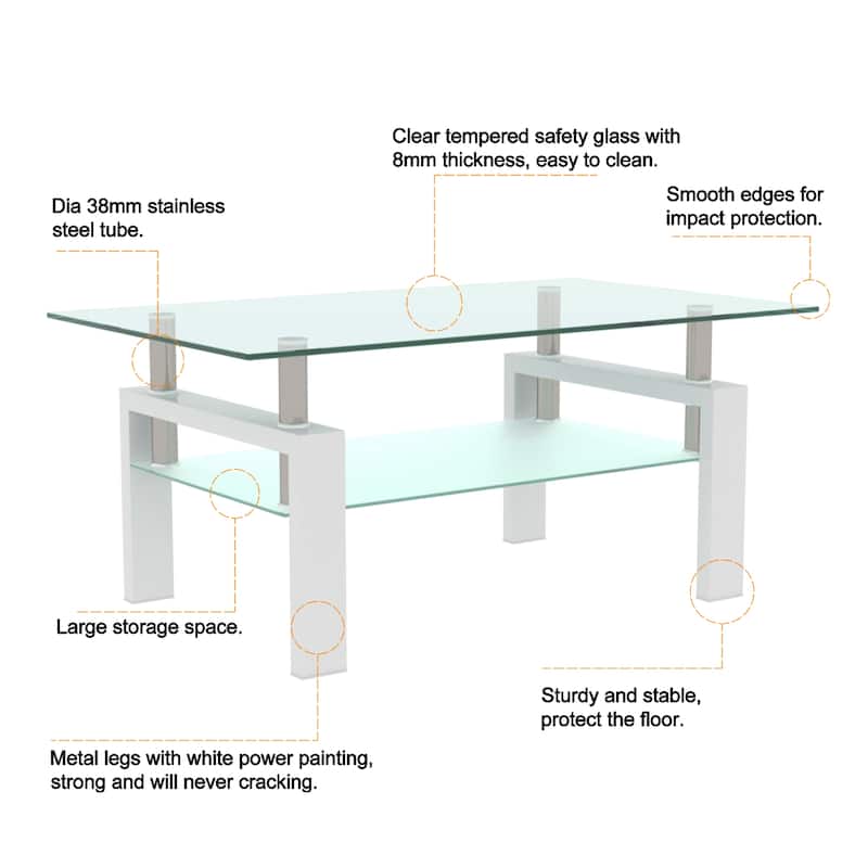 Rectangle Glass Coffee Table with Storage Shelf, Modern Clear Glass Coffee Table with Metal Frame