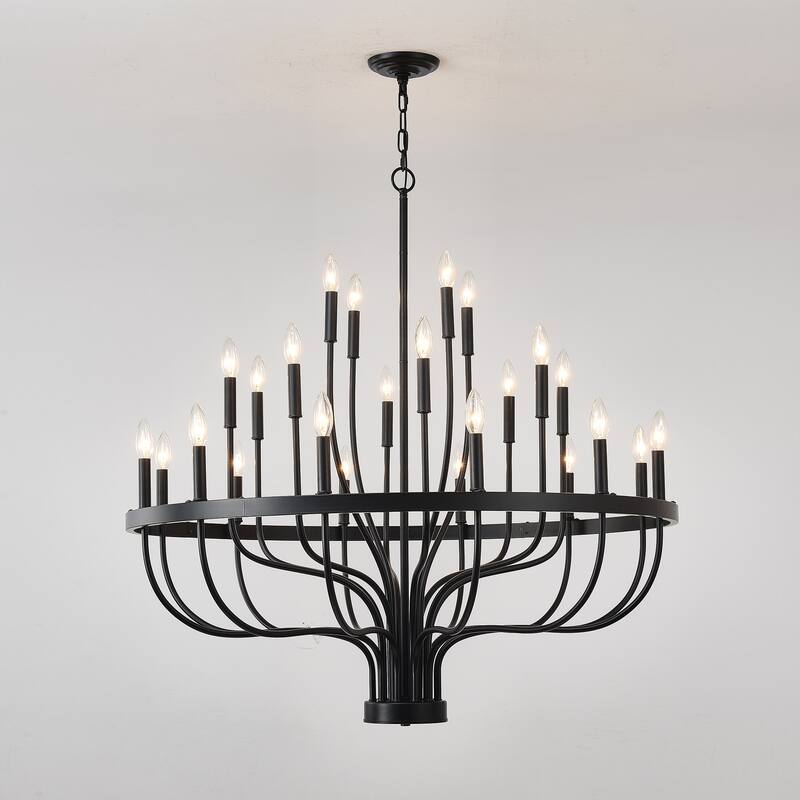 Farmhouse Suspended Pendant Light Fixture 24-Light Black Industrial Iron Candle Chandelier, for Dining Room, Living Room