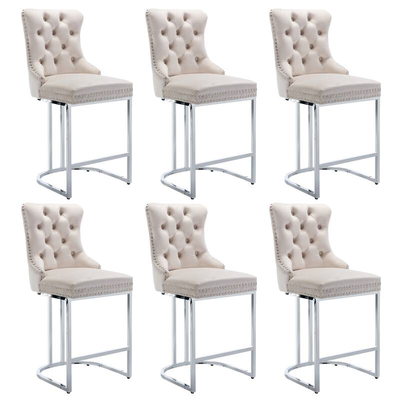 Modern Velvet Barstools with Button Back Set of 6