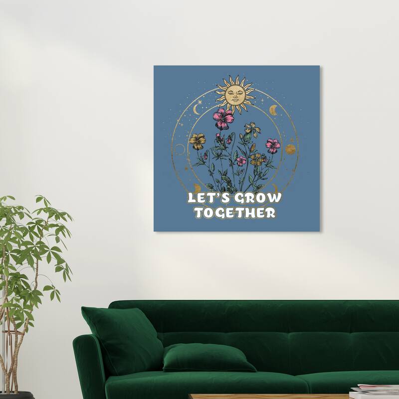 Wynwood Studio Prints Floral and Botanical Lets Grow Together Blue and Metallic Gold Modern & Contemporary Wall Art Canvas Print - 30 x 30
