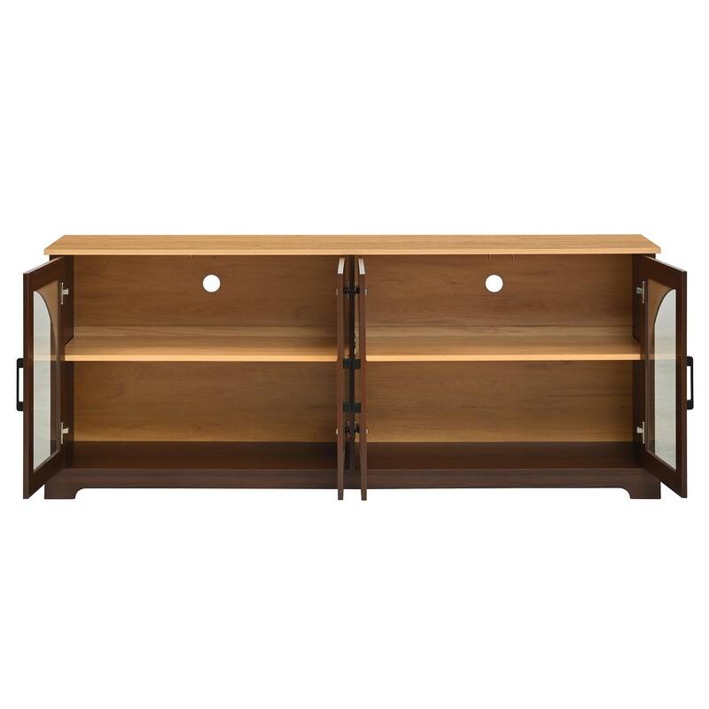 Farmhouse TV Stand with Semi-Arched Glass Doors for TVs Up to 70",Adjustable Shelves,Wood Grain Sideboard with Cable Management