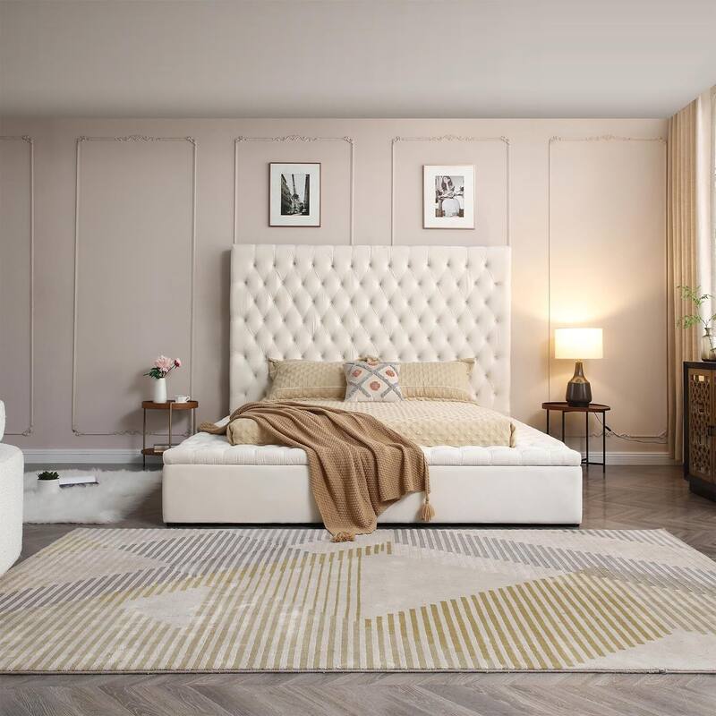 Velvet Upholstered Storage Bed with Headboard - Cream Platform Bed Frame