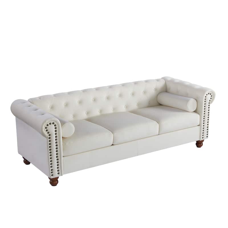Chesterfield 74.5" Button Tufted Upholstered 3-seater Sofa with Nailheads and Pillows for Living Room