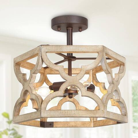 Modern Farmhouse 3-Light Distressed Wood Rustic Semi-Flush Mount Foyer Lights