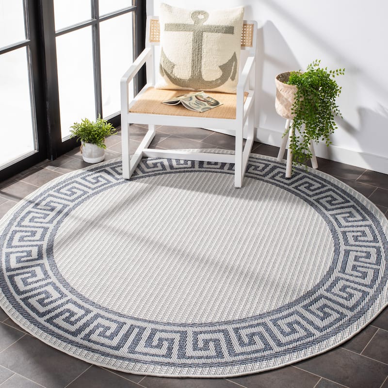SAFAVIEH Bermuda Washable Floresha Indoor/ Outdoor Waterproof Rug - 5'3" Round - Ivory/Blue