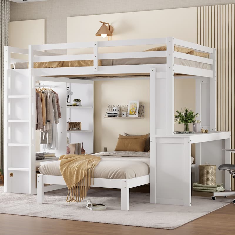 Queen Size Loft Bed & Twin Size Platform Bed Set, Wood Bunk Bed with Built-in Desk, Open Shelves and Wardrobe, Queen Over Twin - White - Queen