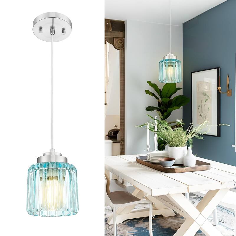Modern 1-Light Clear Fluted Ripple Glass Adjustable Pendant - Blue