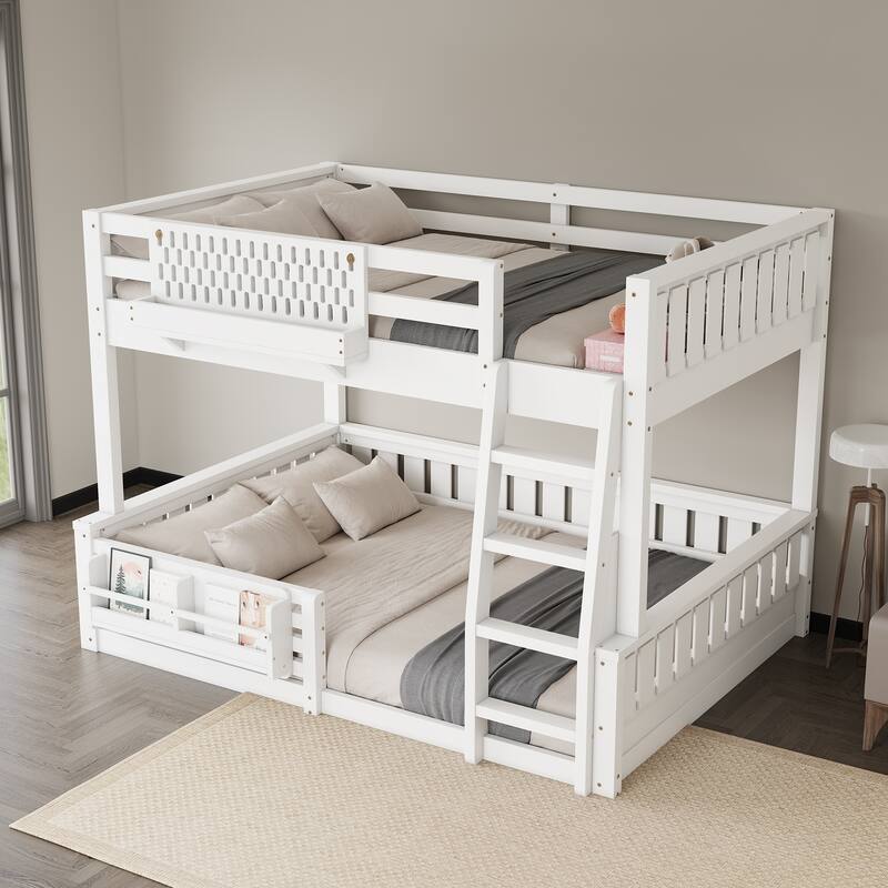Full XL over Queen/Full over Queen Bunk Bed with Ladder and Guardrails, Pegboard and bookshelf, White