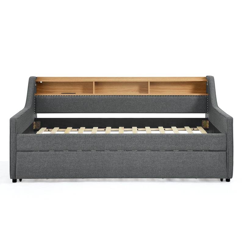 Linen Upholstered Bedframe Twin Daybed with Foldable Leg Pull Out Trundle, LED Lights, Storage Headboard and Wireless Charging