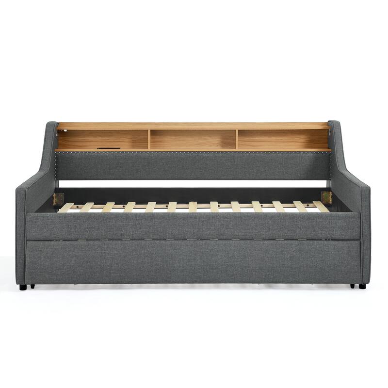 Roomfitters Twin Upholstered Daybed with LED Headboard Storage, Foldable-Leg Trundle & Wireless Charging
